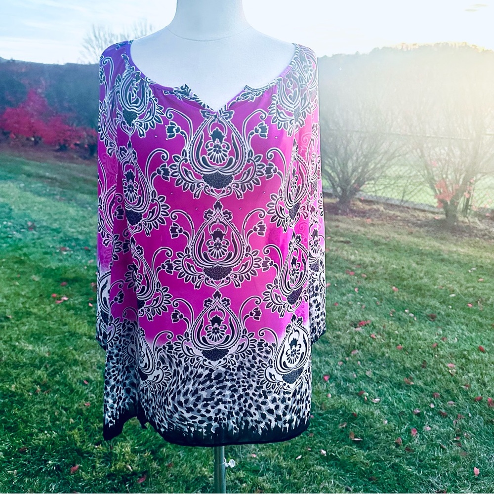 JM Collection Stylish Purple Floral Tunic XL - Picture 2 of 15
